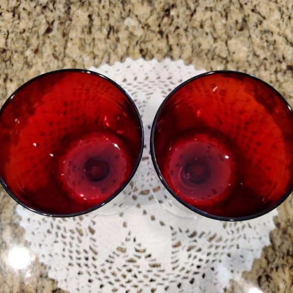 Pair Of 6" Tall Vintage Ruby Red Glasses Clear Ball Stem Water/Wine Goblets - Picture 3 of 3